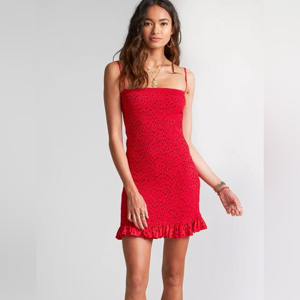 Billabong x Sincerely Jules playing for keeps ruffle smock dress small red dots